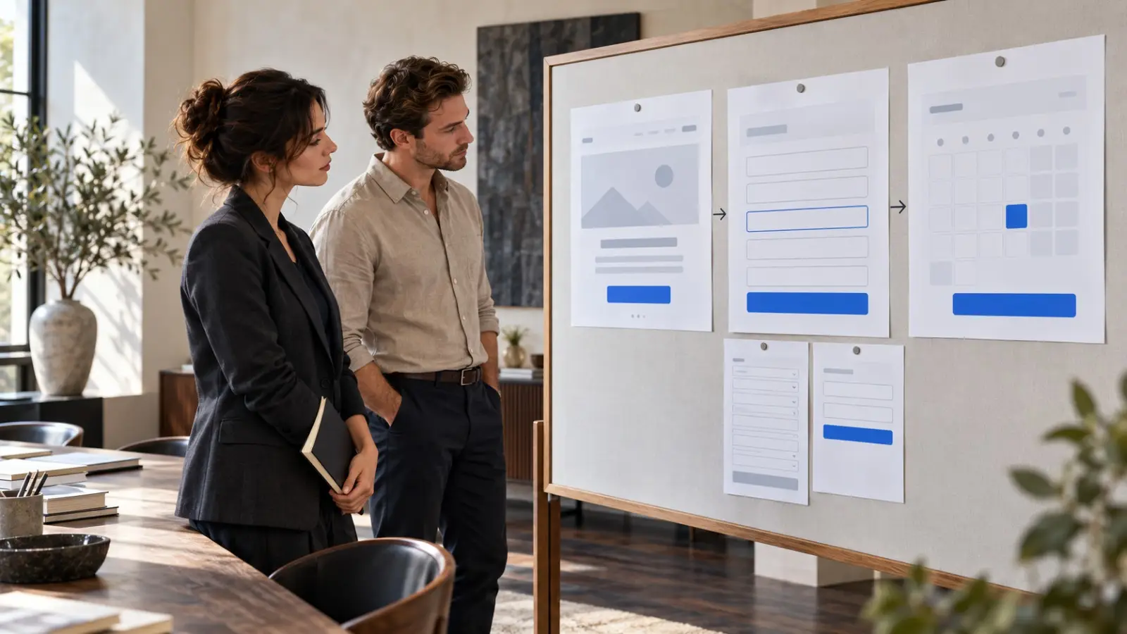 Two team members reviewing landing page and form wireframes pinned to a board.