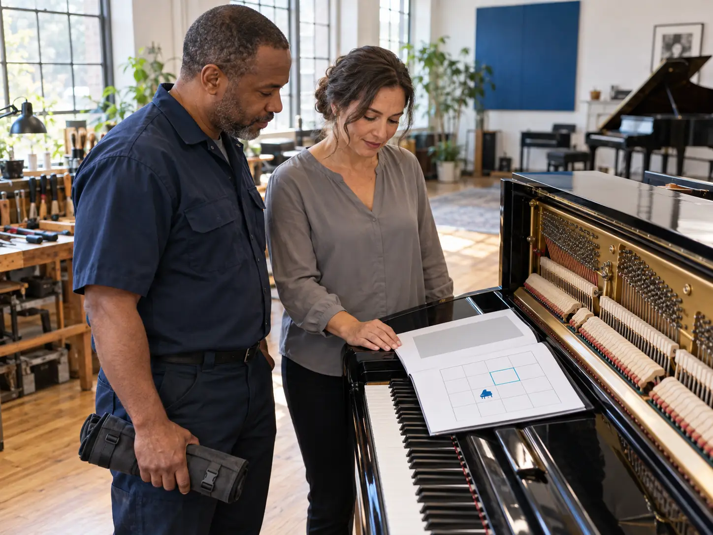 Piano technician handing a service summary to a customer after the job.