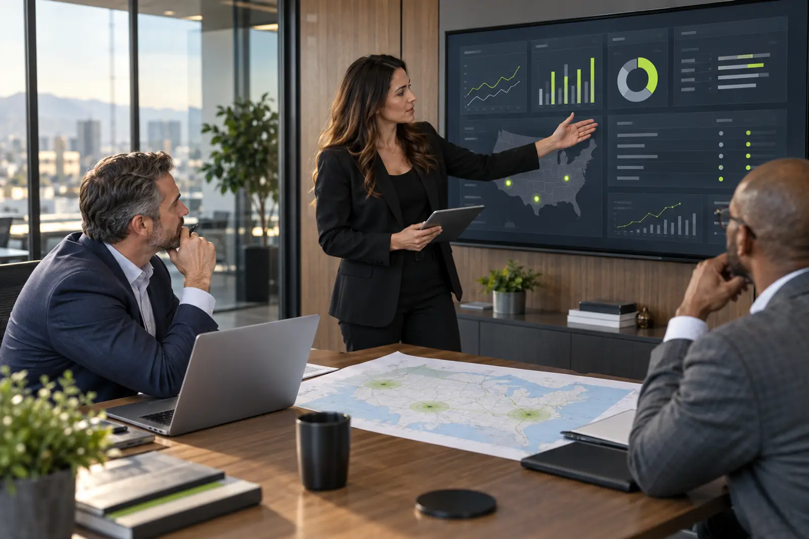 Business leaders reviewing marketing attribution and regional data to guide market expansion decisions.
