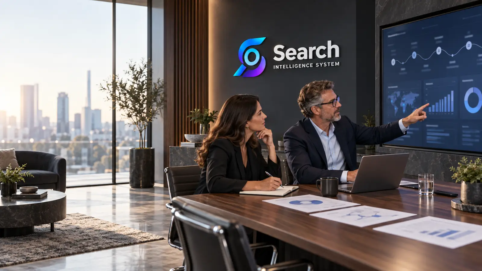 Search strategist reviewing visibility, conversion and lead-growth insights with a business owner.