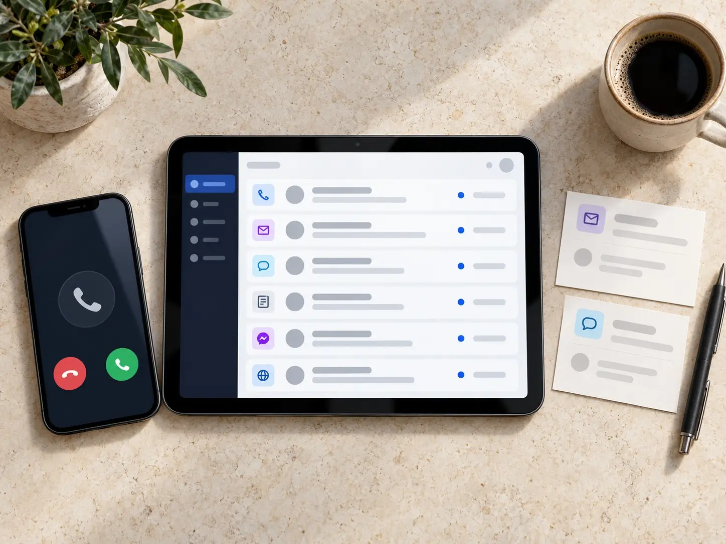 Tablet showing an inbox of calls, emails and chat inquiries beside a ringing phone.