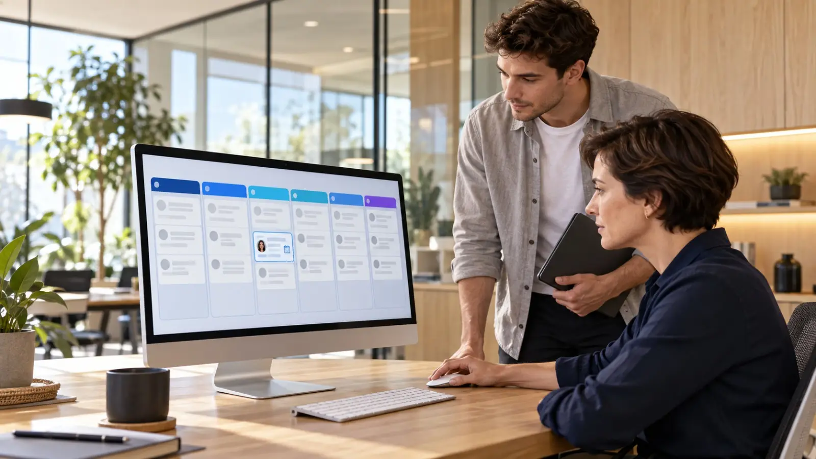Two team members reviewing a lead pipeline board on a desktop monitor.