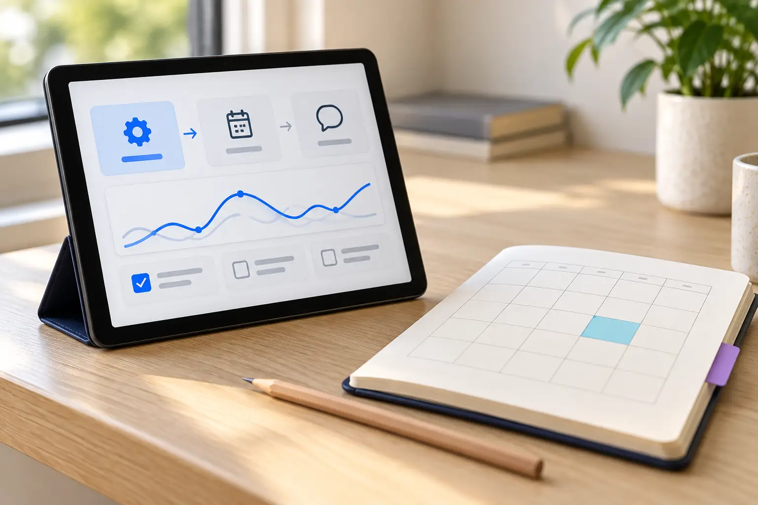 Tablet showing a launch plan and trend line beside a planner.