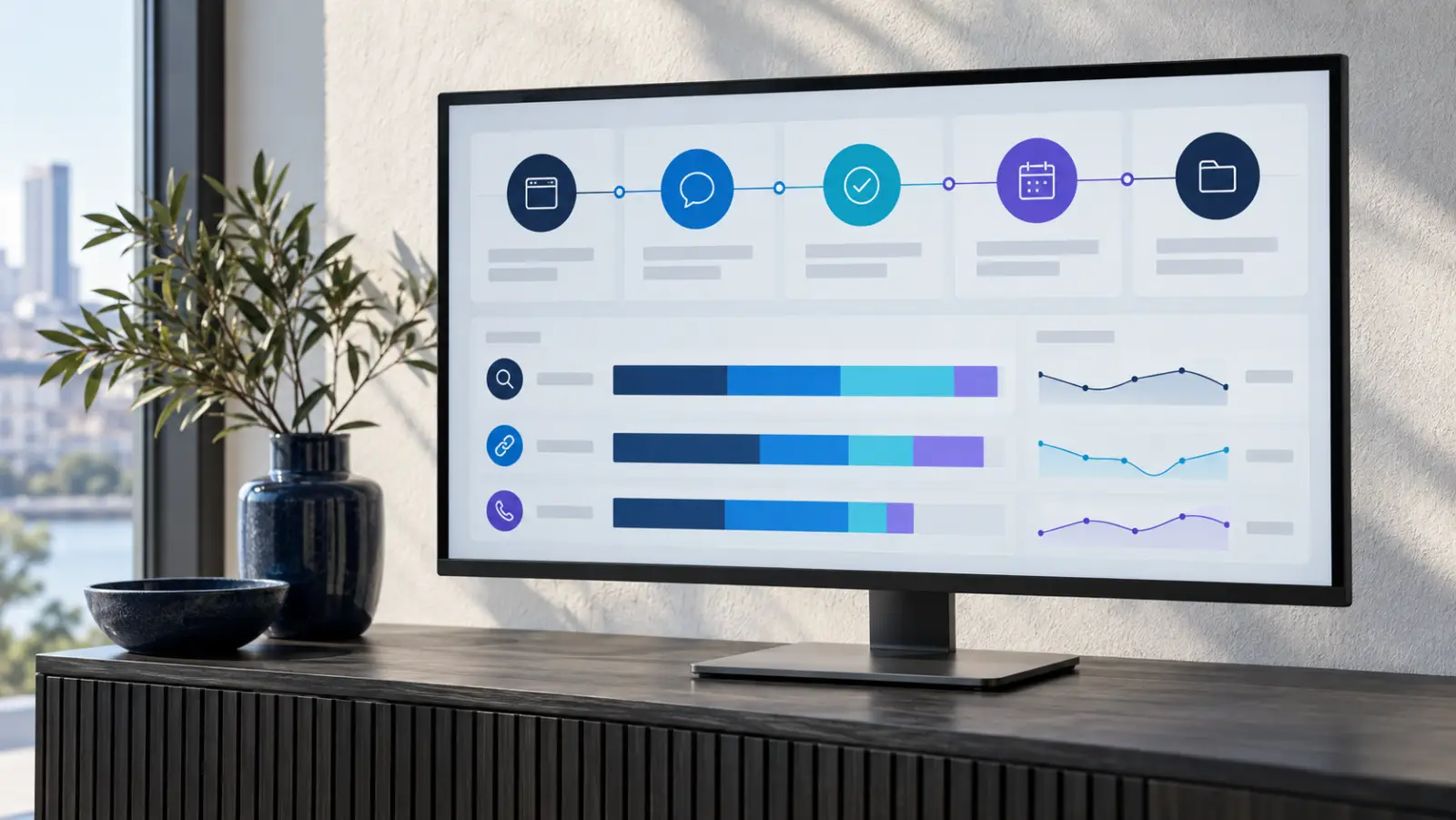 Monitor showing a customer journey timeline with channel breakdown bars.