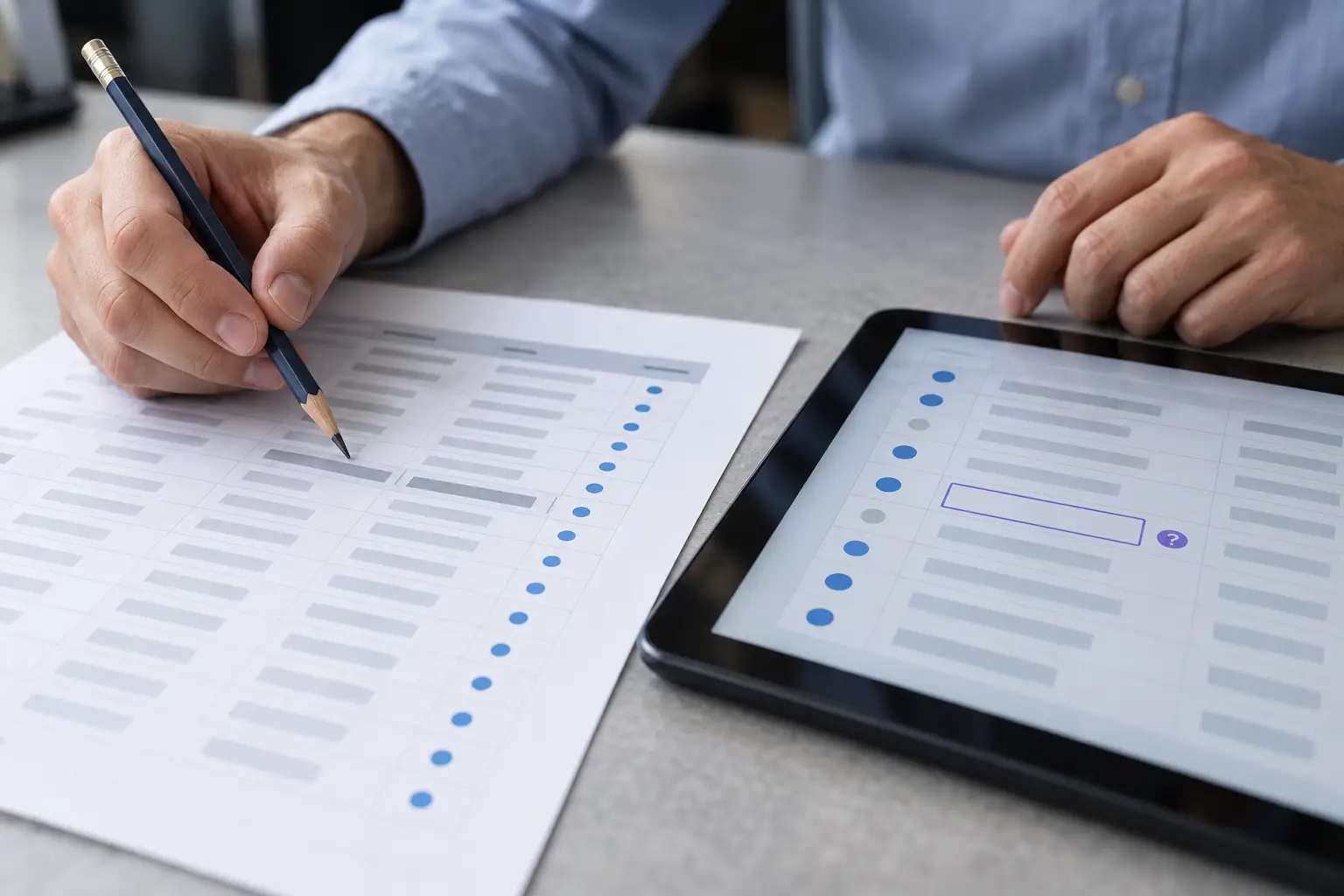 Person marking up a printed report beside a tablet with matching data.