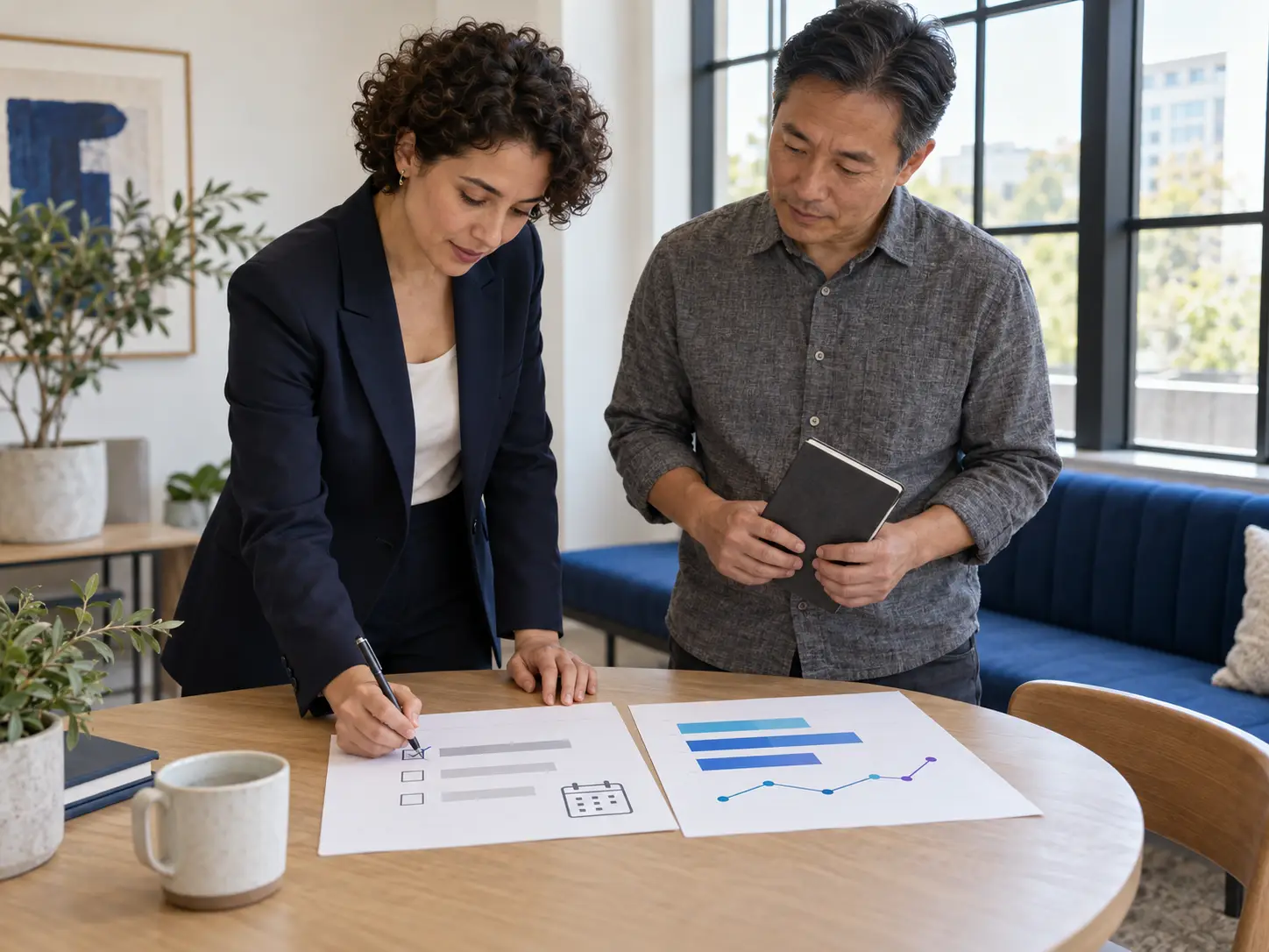 Two colleagues reviewing printed charts and reports at a table.
