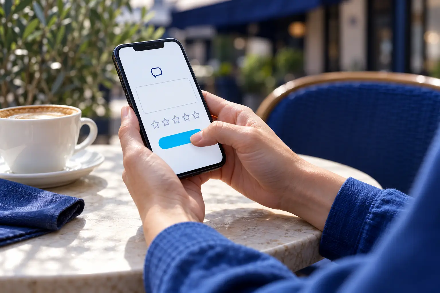 Customer about to leave a star rating on a phone at a cafe table.