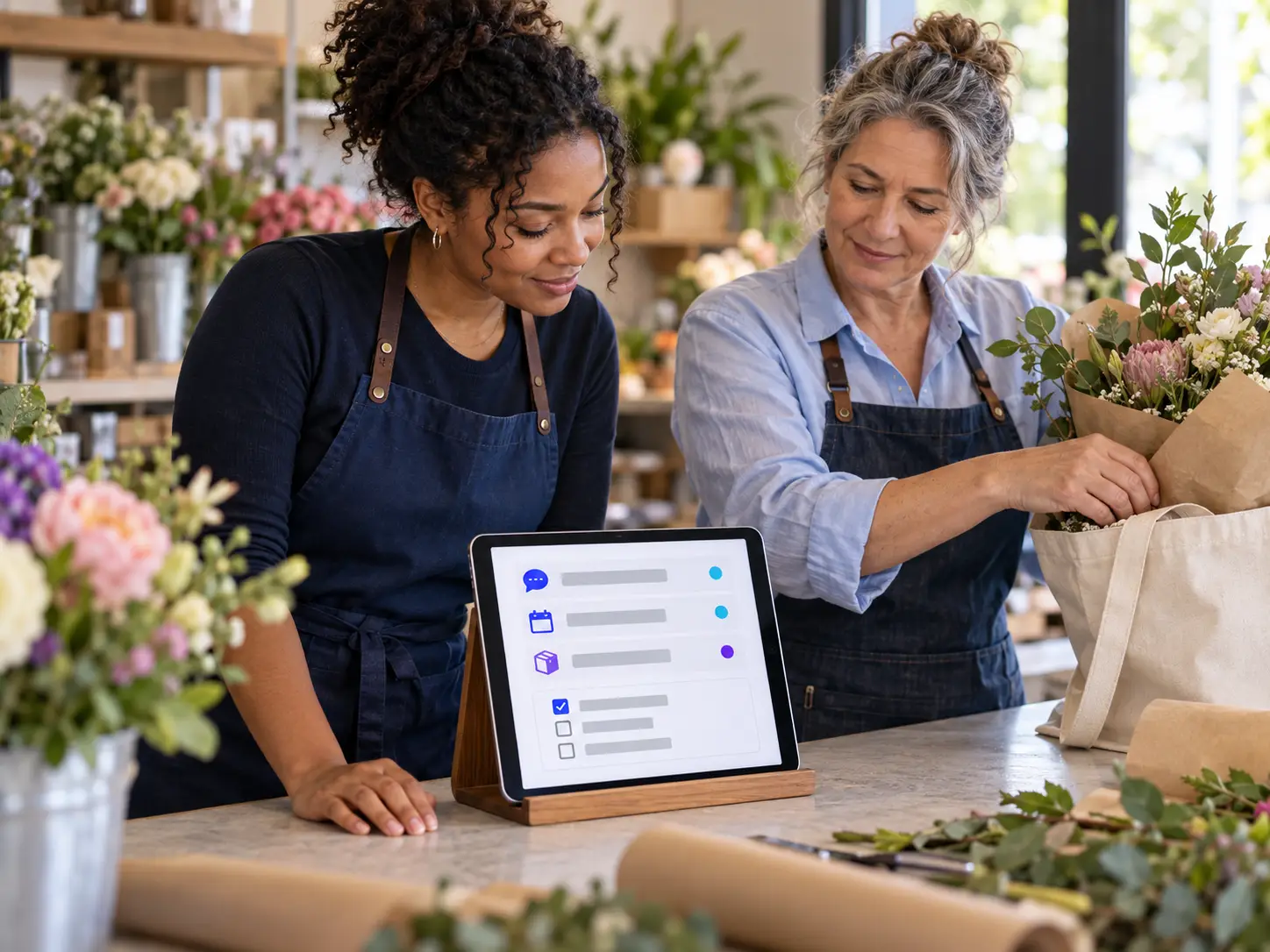 Flower shop staff checking a customer feedback checklist on a tablet.